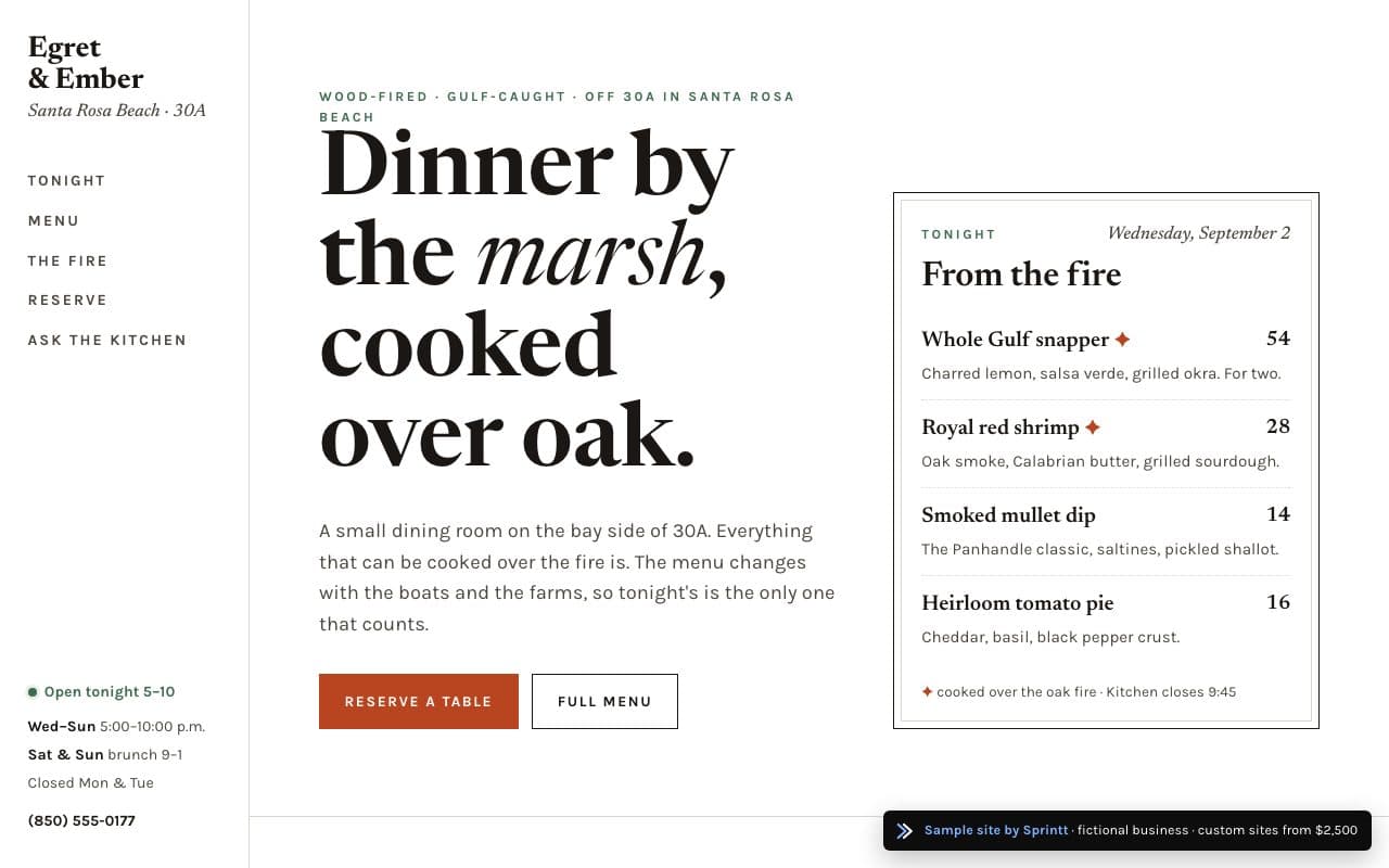 Sample restaurant website for a 30A, Santa Rosa Beach, FL business, built by Sprintt